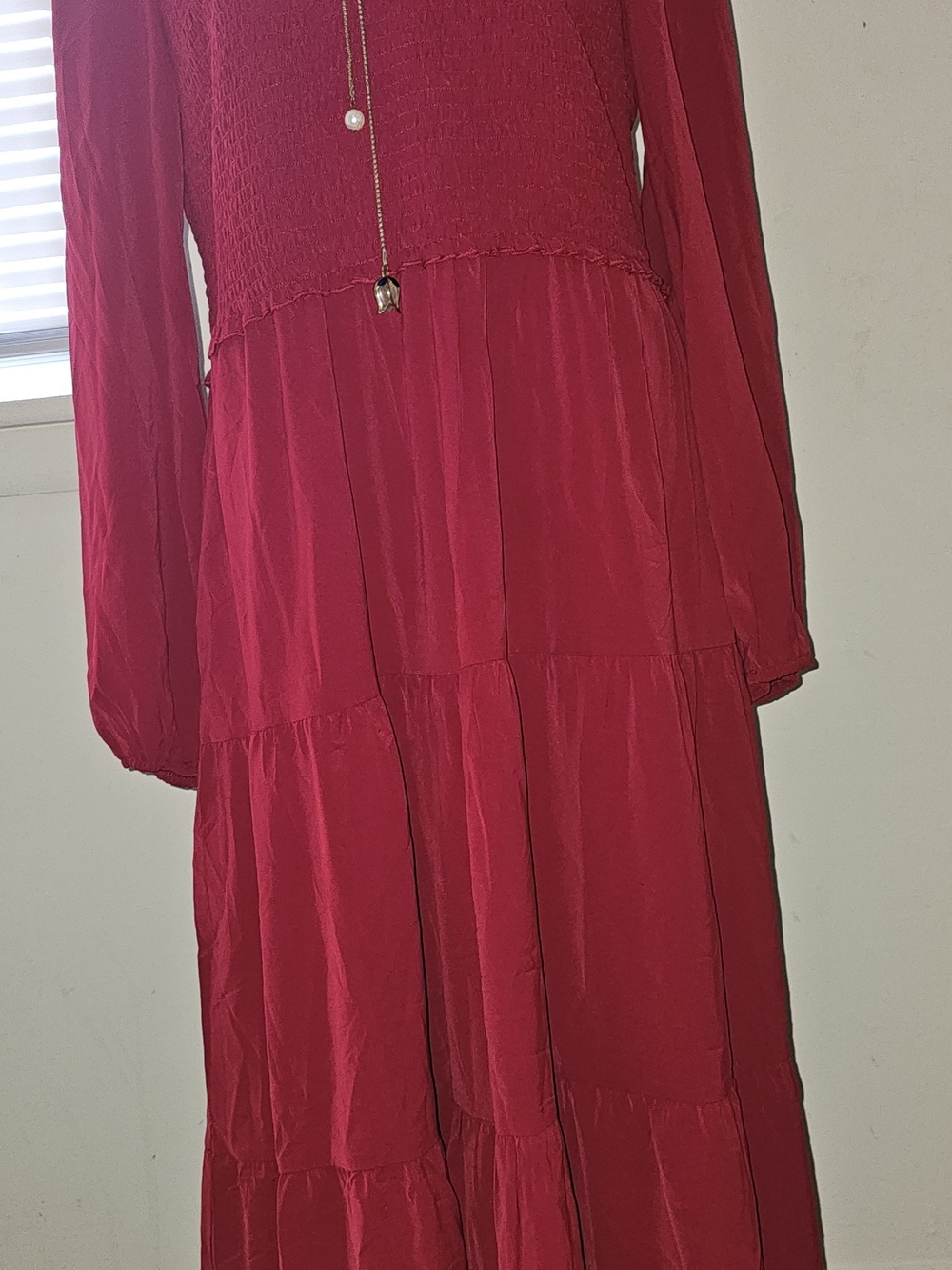 Women's Red Long Sleeve Tiered Maxi Dress with Smocked Bodice